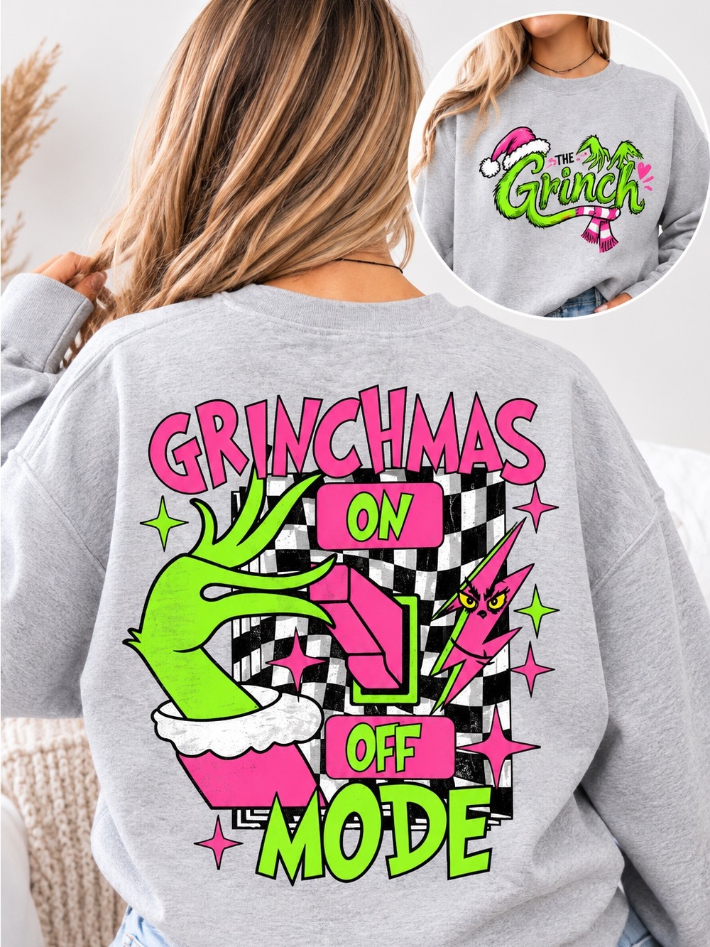 Grinchmas Mode Two-Sided Graphic Sweatshirt Grey Size S M L XL NWT
